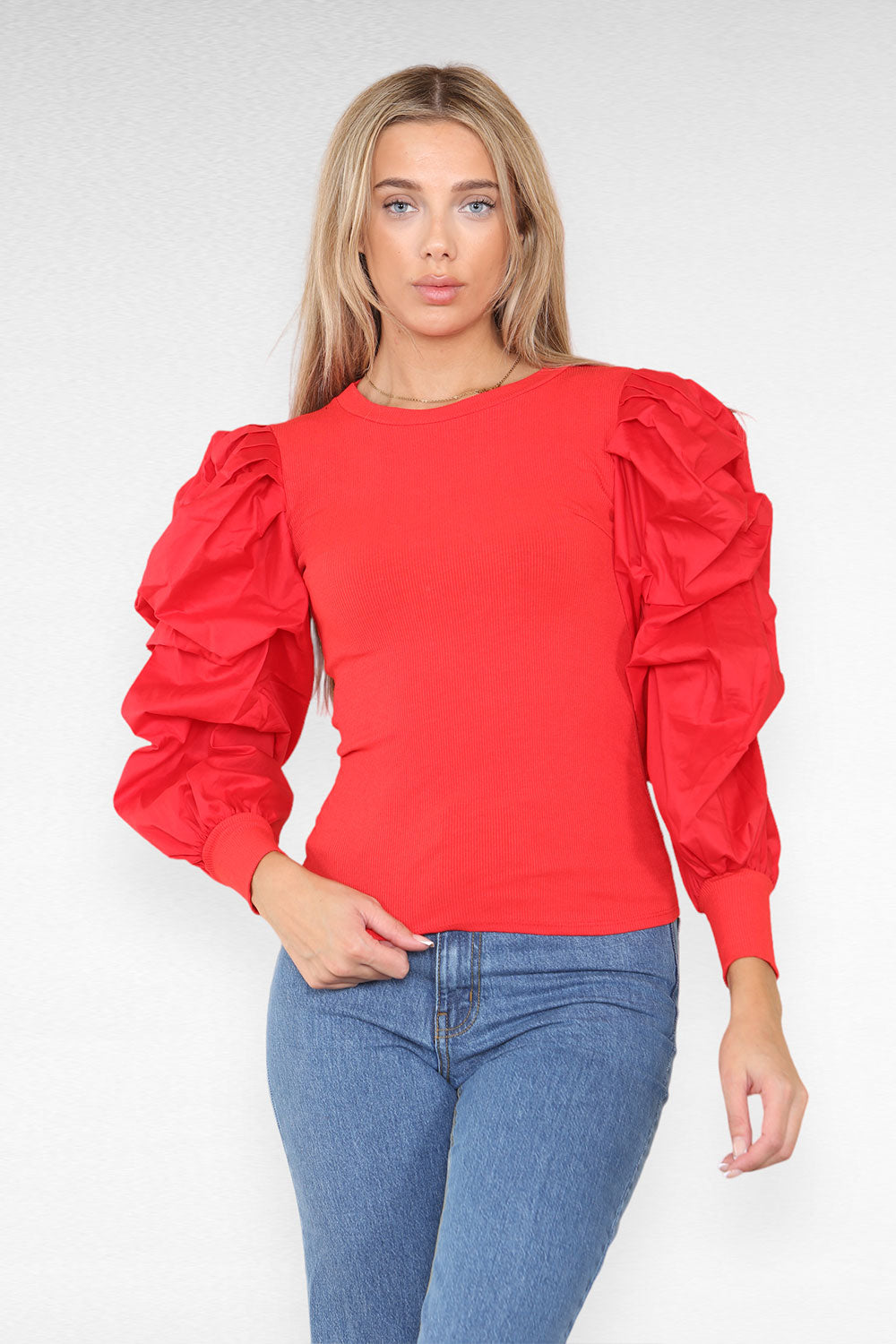Oversized Puff Sleeves Ribbed Top - 9th Degree