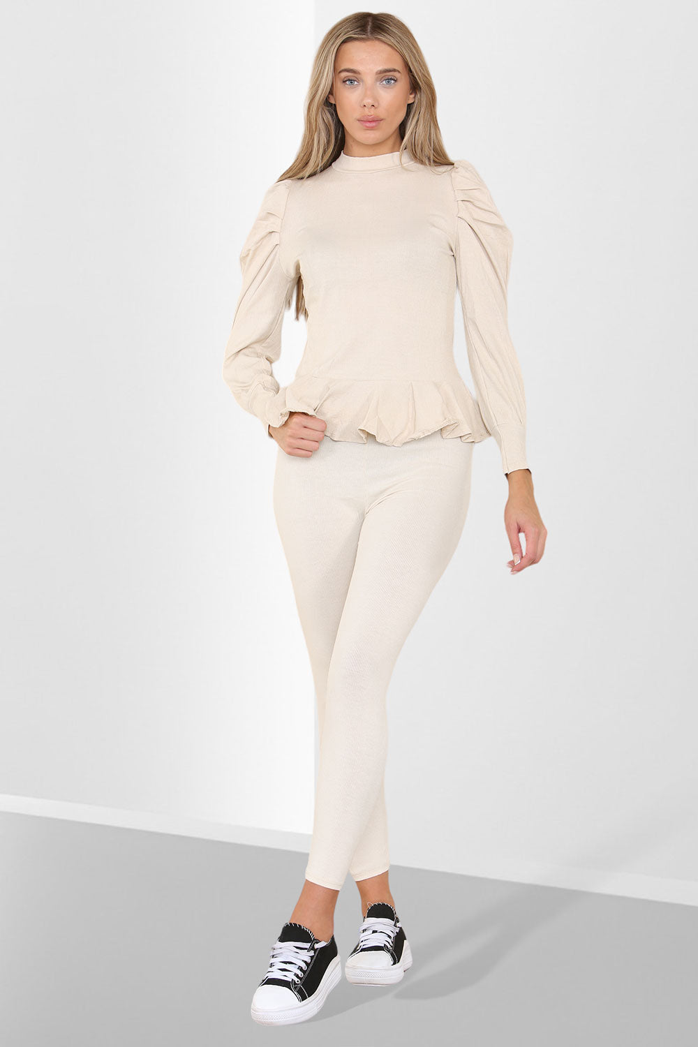 Puff Sleeves Set Frill Hem Peplum Ribbed Lounge Wear Suit - 9th Degree
