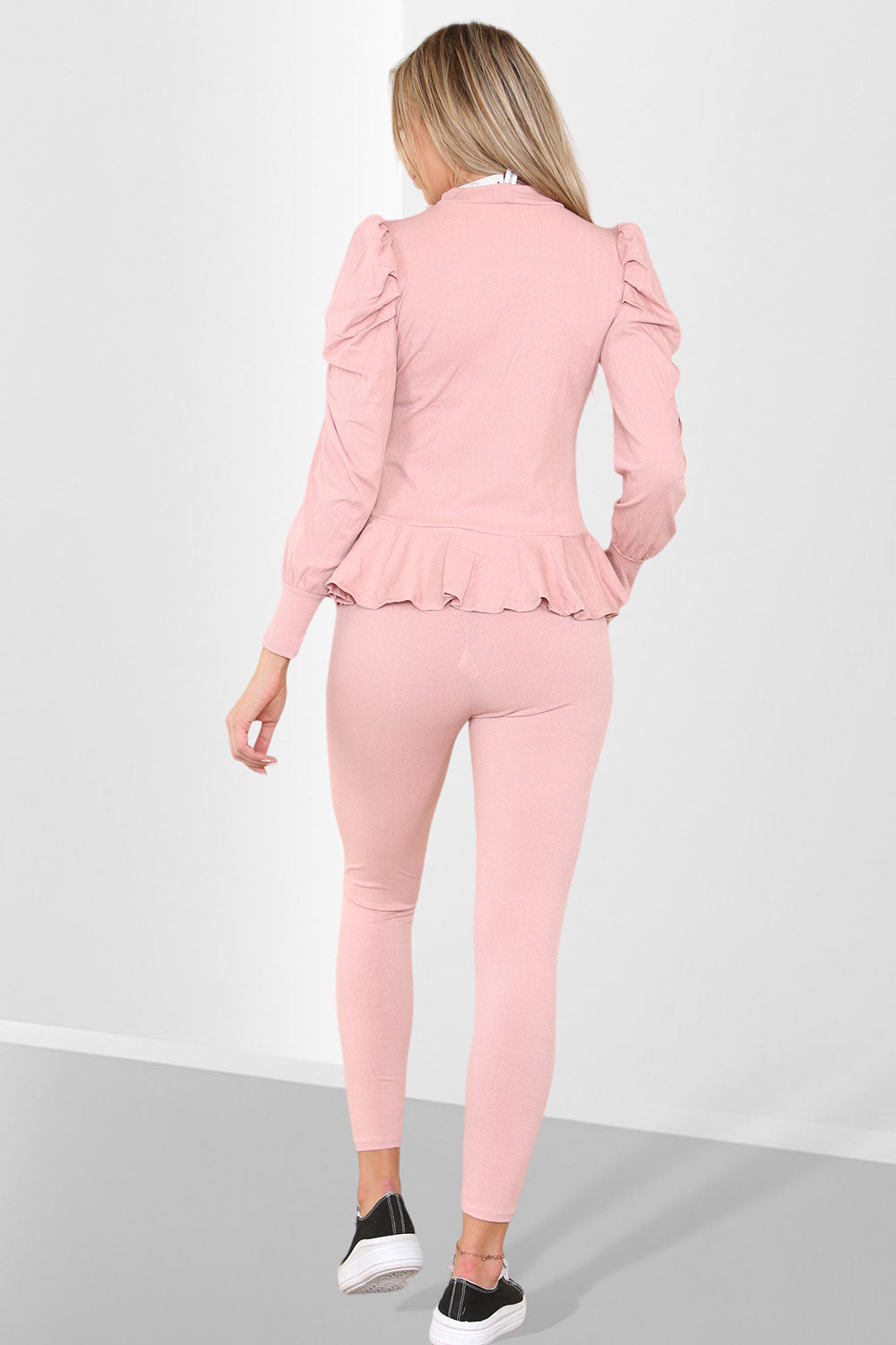 Puff Sleeves Set Frill Hem Peplum Ribbed Lounge Wear Suit - 9th Degree