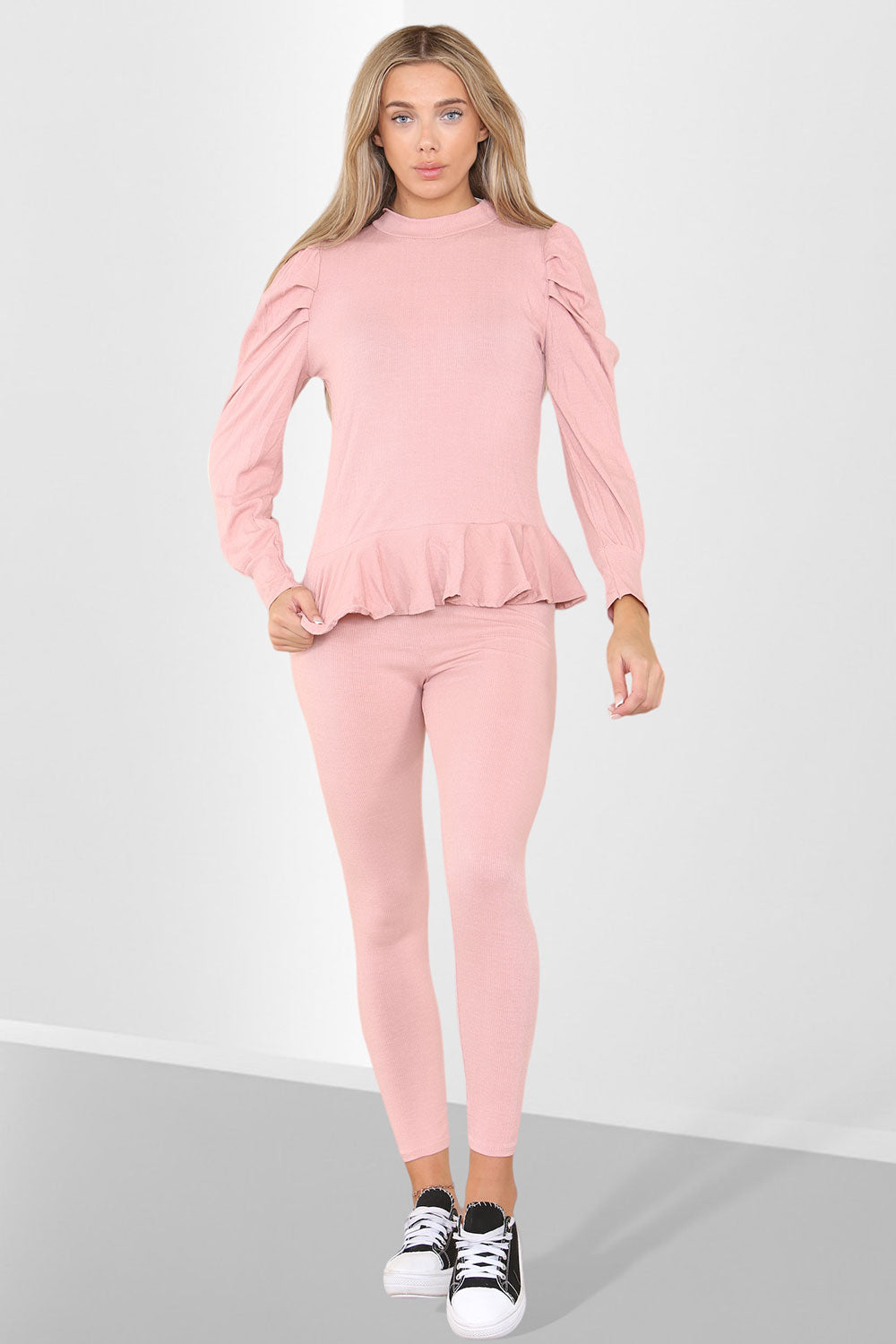 Puff Sleeves Set Frill Hem Peplum Ribbed Lounge Wear Suit - 9th Degree