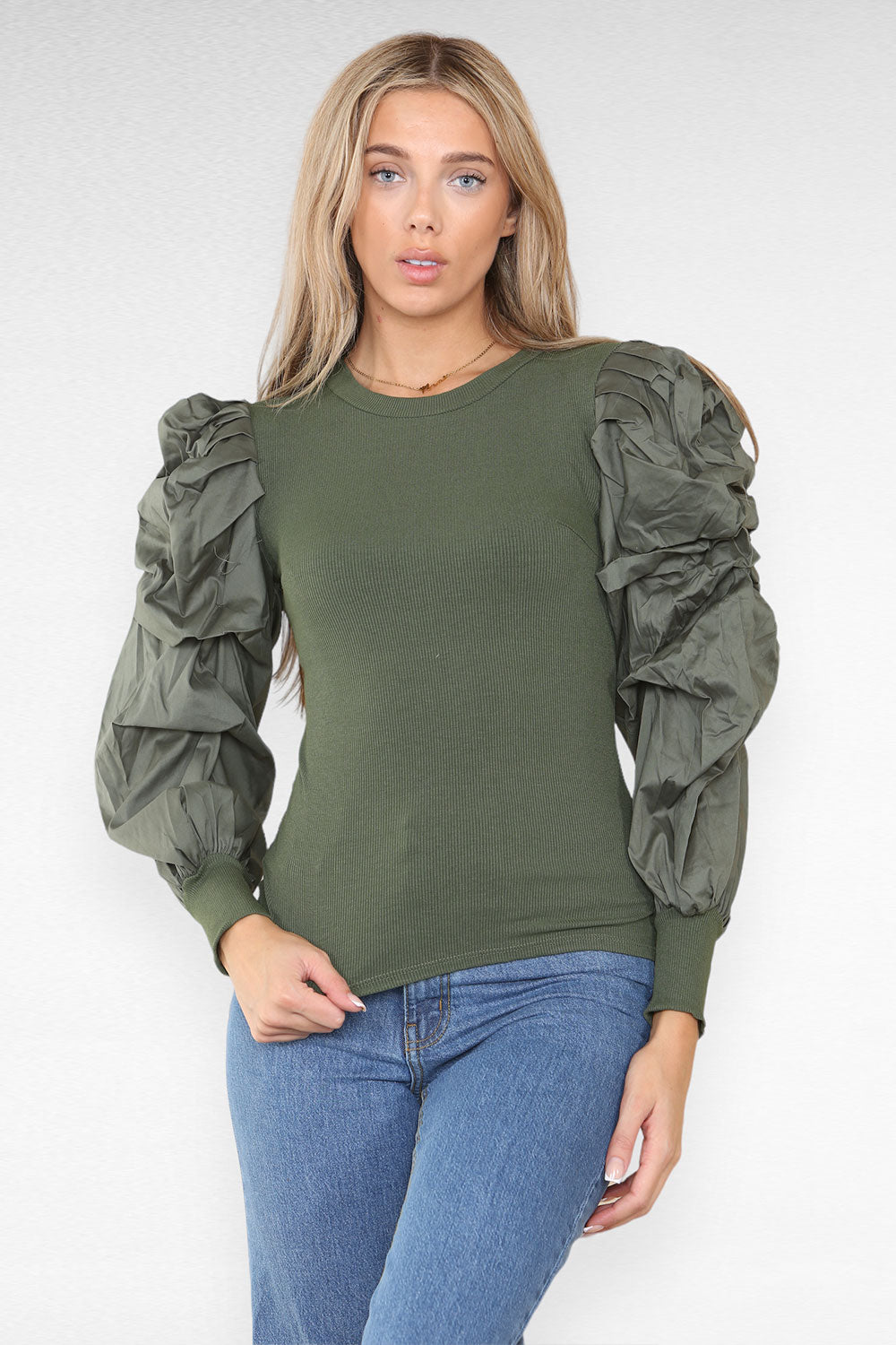 Oversized Puff Sleeves Ribbed Top - 9th Degree