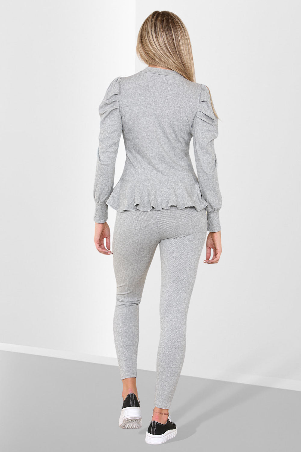 Puff Sleeves Set Frill Hem Peplum Ribbed Lounge Wear Suit - 9th Degree
