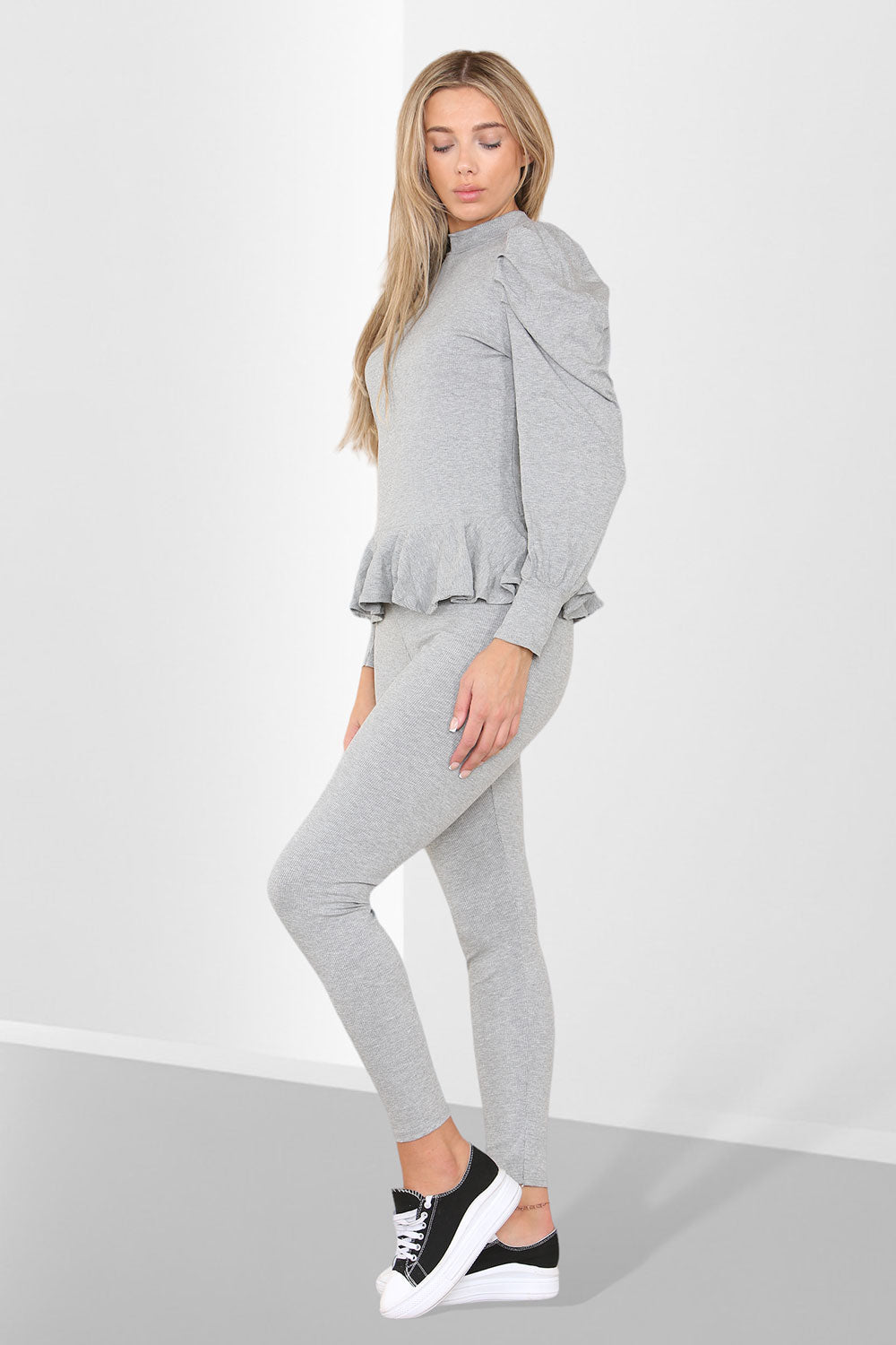 Puff Sleeves Set Frill Hem Peplum Ribbed Lounge Wear Suit - 9th Degree