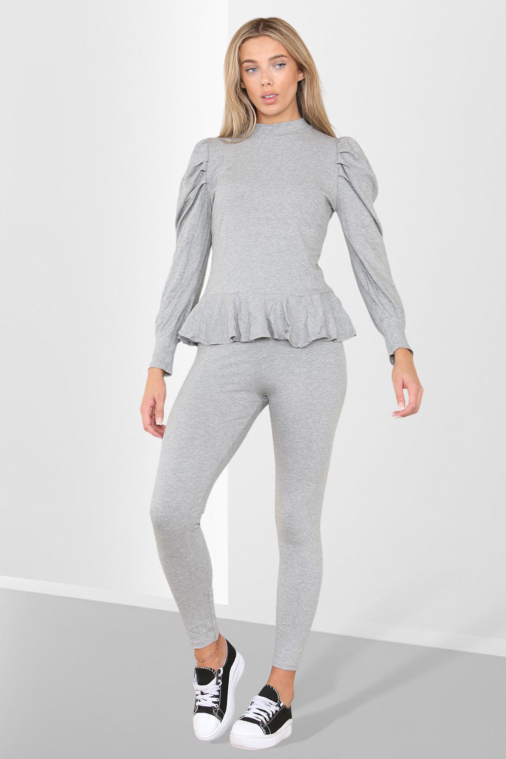 Puff Sleeves Set Frill Hem Peplum Ribbed Lounge Wear Suit - 9th Degree