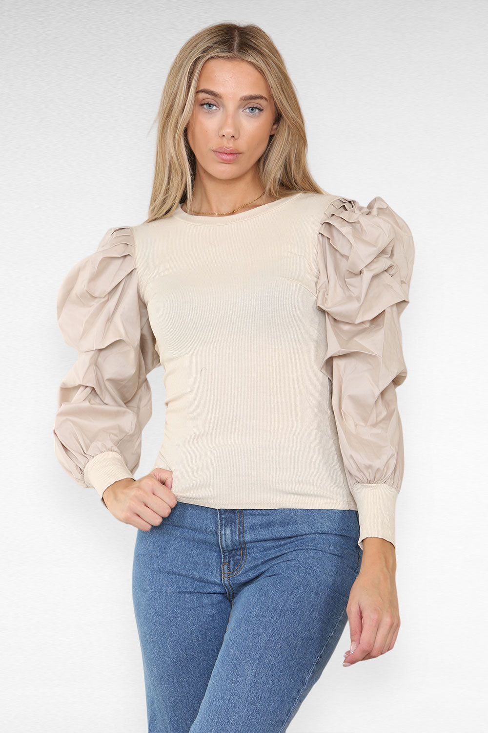 Oversized Puff Sleeves Ribbed Top - 9th Degree