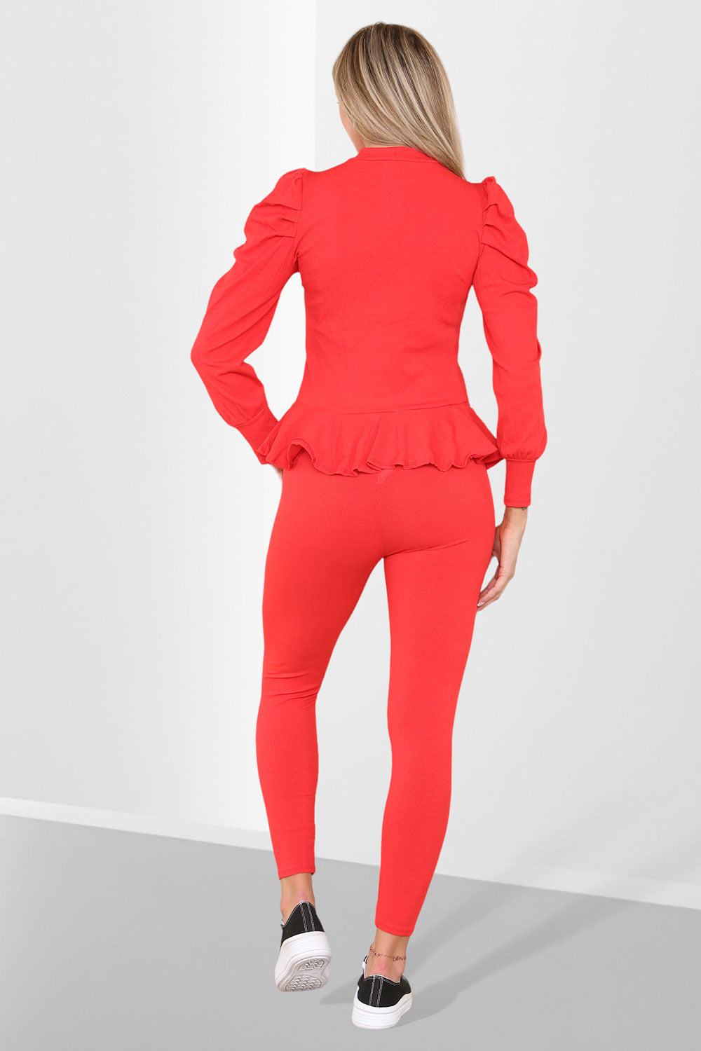 Puff Sleeves Set Frill Hem Peplum Ribbed Lounge Wear Suit - 9th Degree