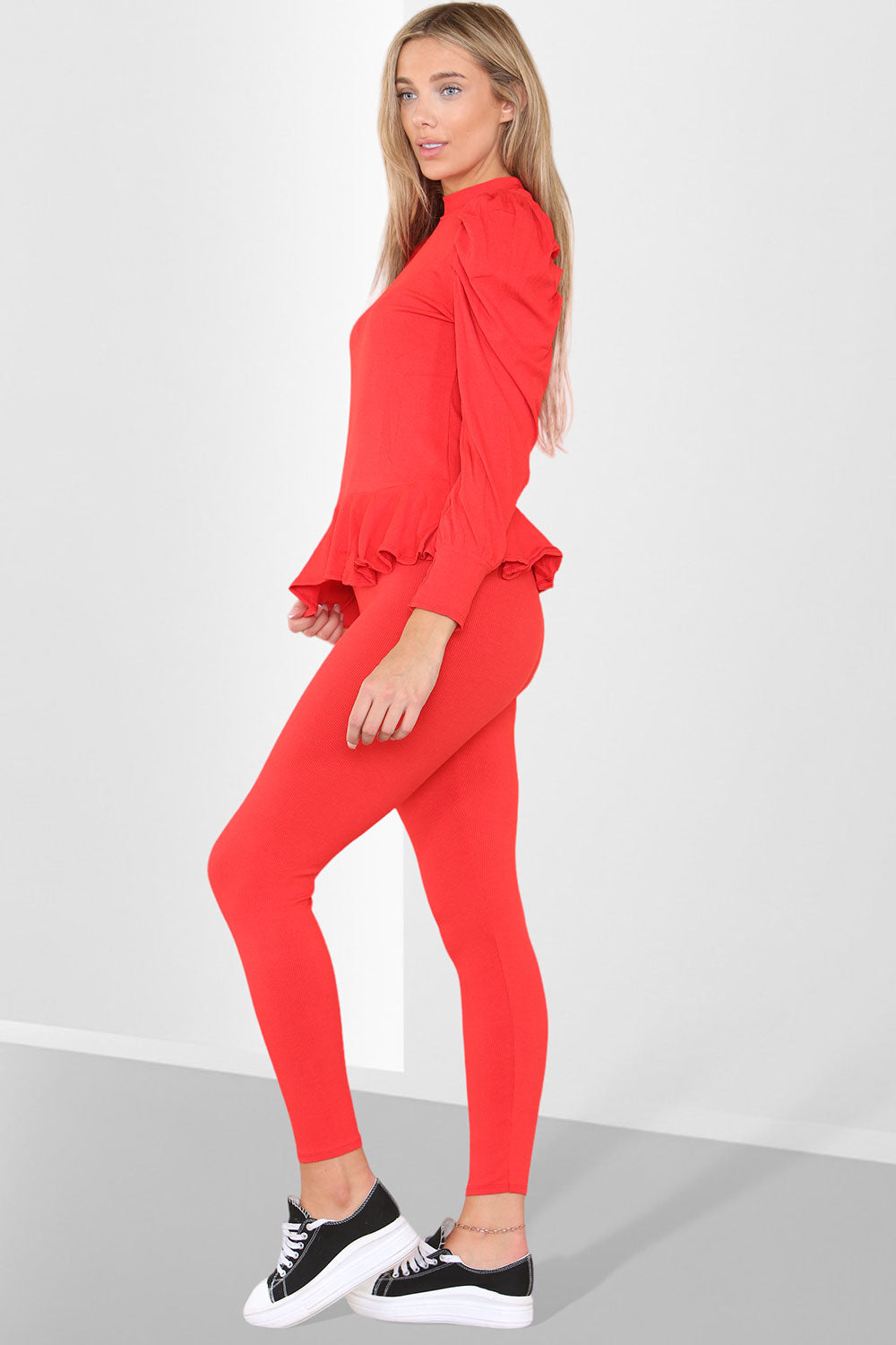 Puff Sleeves Set Frill Hem Peplum Ribbed Lounge Wear Suit - 9th Degree