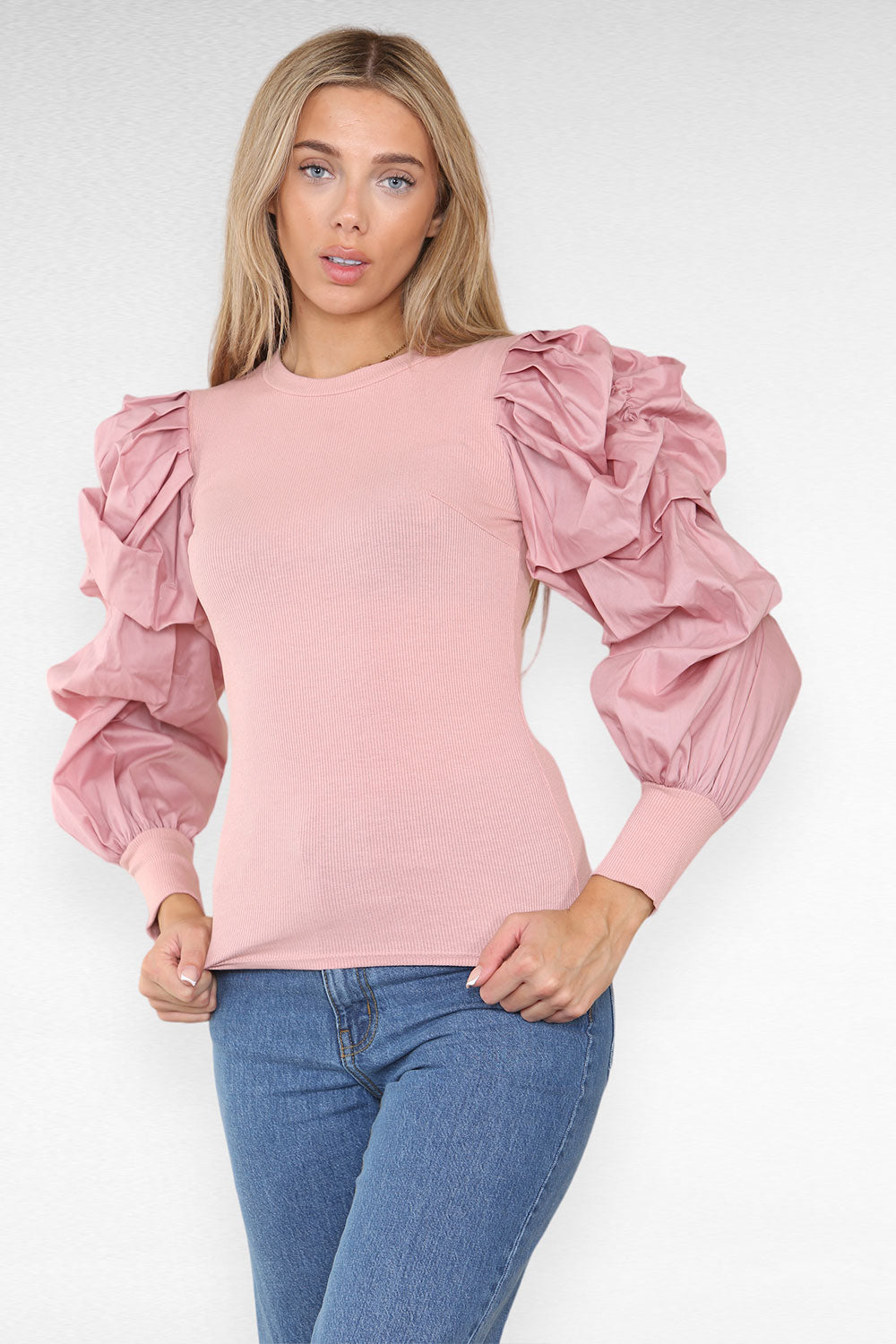 Oversized Puff Sleeves Ribbed Top - 9th Degree