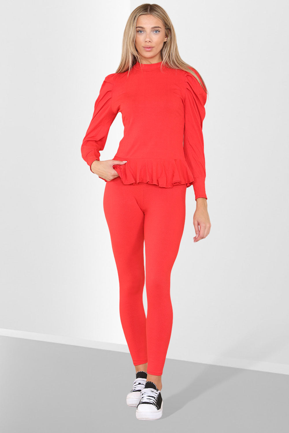 Puff Sleeves Set Frill Hem Peplum Ribbed Lounge Wear Suit - 9th Degree