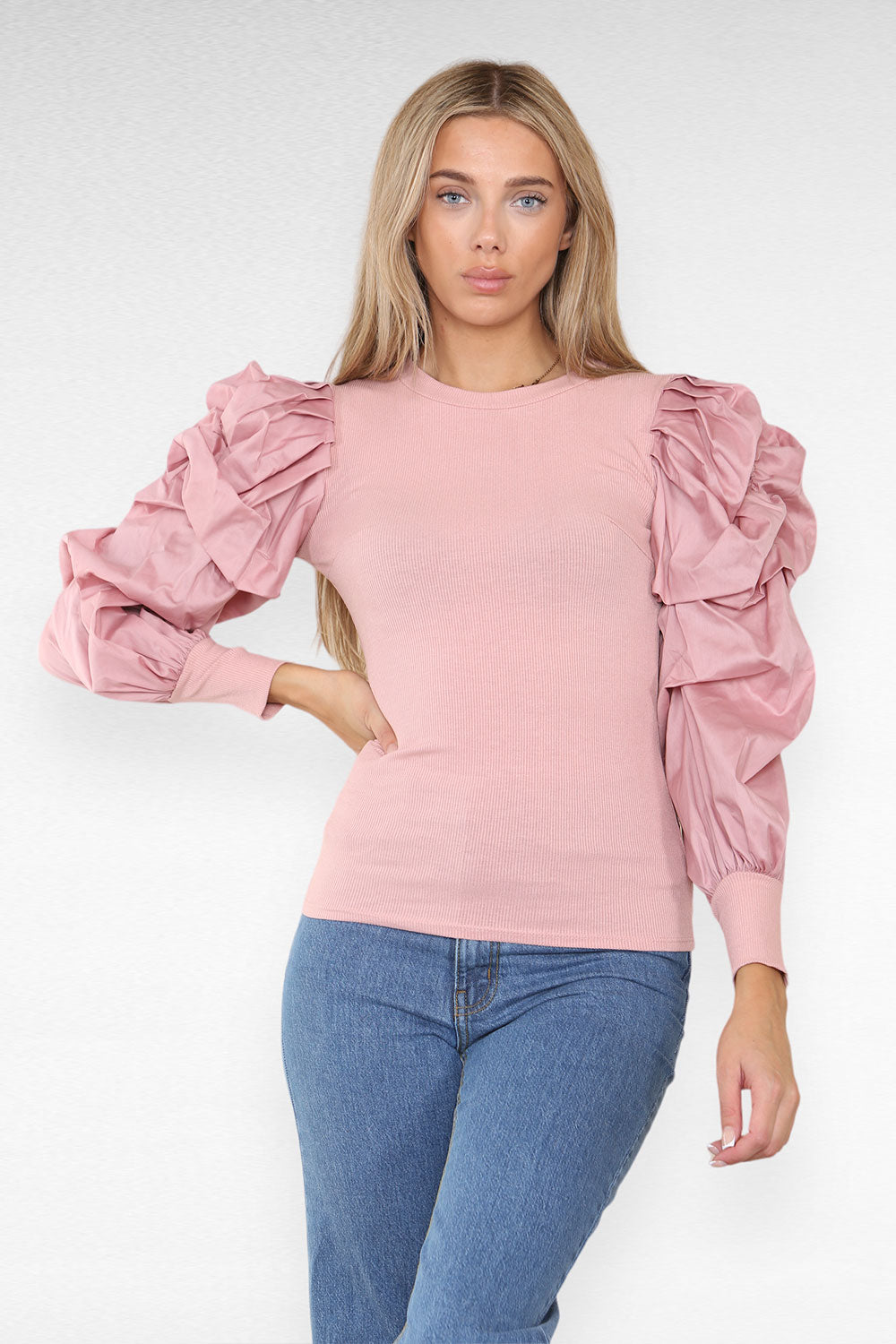 Oversized Puff Sleeves Ribbed Top - 9th Degree