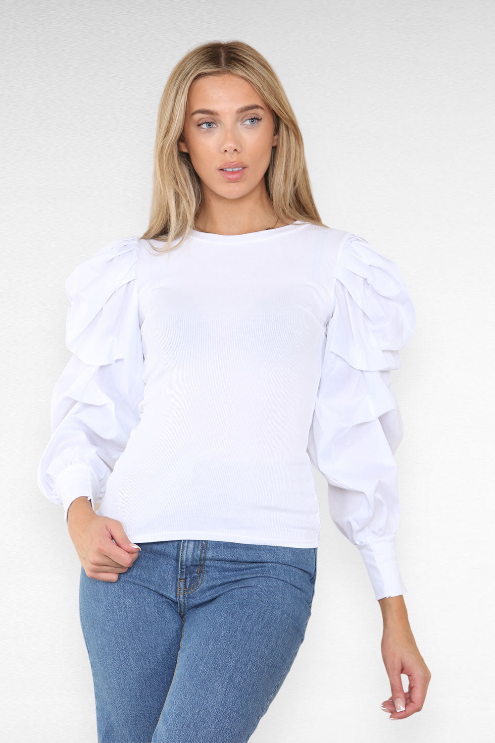 Oversized Puff Sleeves Ribbed Top - 9th Degree
