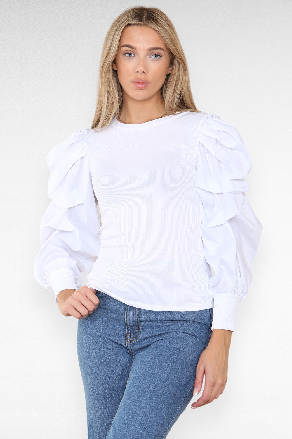 Oversized Puff Sleeves Ribbed Top - 9th Degree