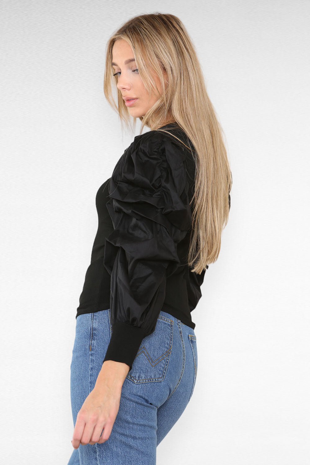 Oversized Puff Sleeves Ribbed Top - 9th Degree