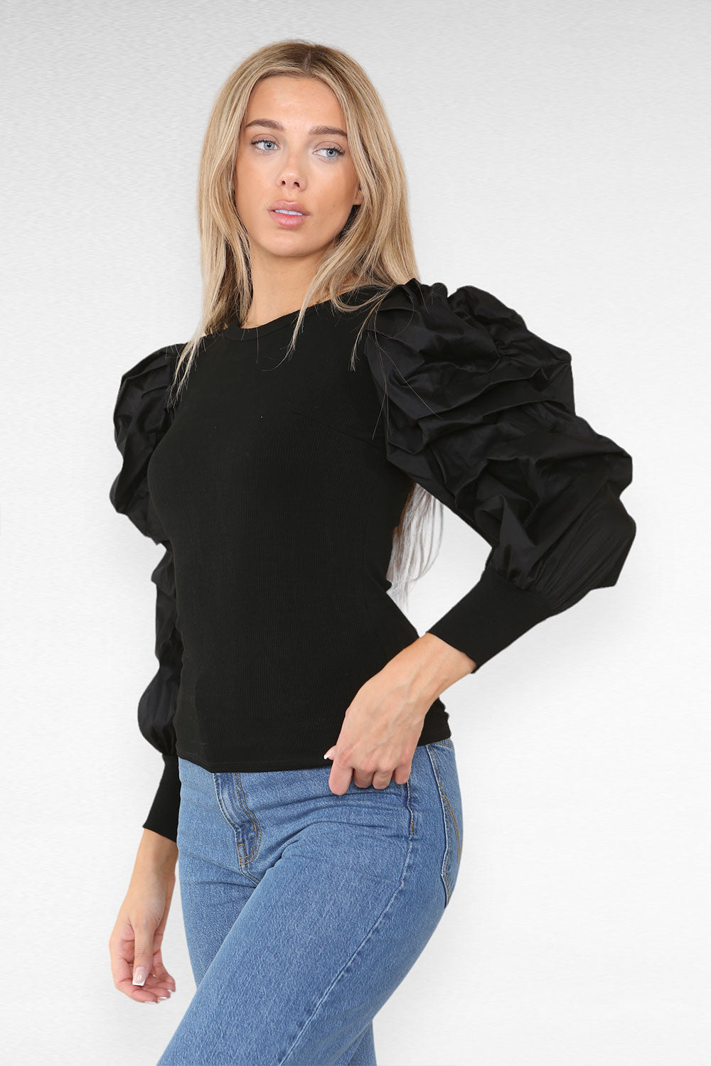 Oversized Puff Sleeves Ribbed Top - 9th Degree
