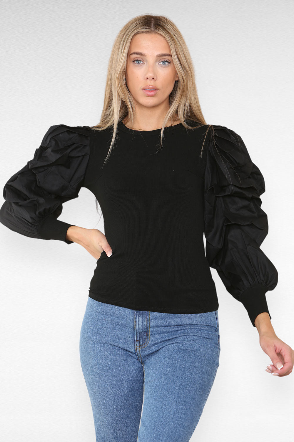 Oversized Puff Sleeves Ribbed Top - 9th Degree