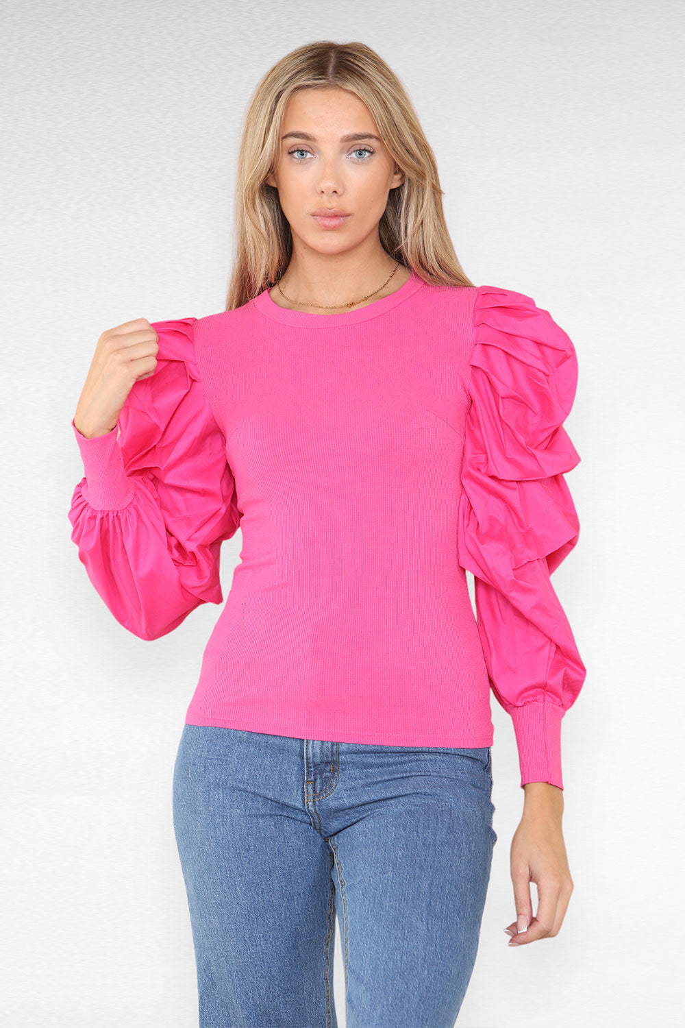 Oversized Puff Sleeves Ribbed Top - 9th Degree