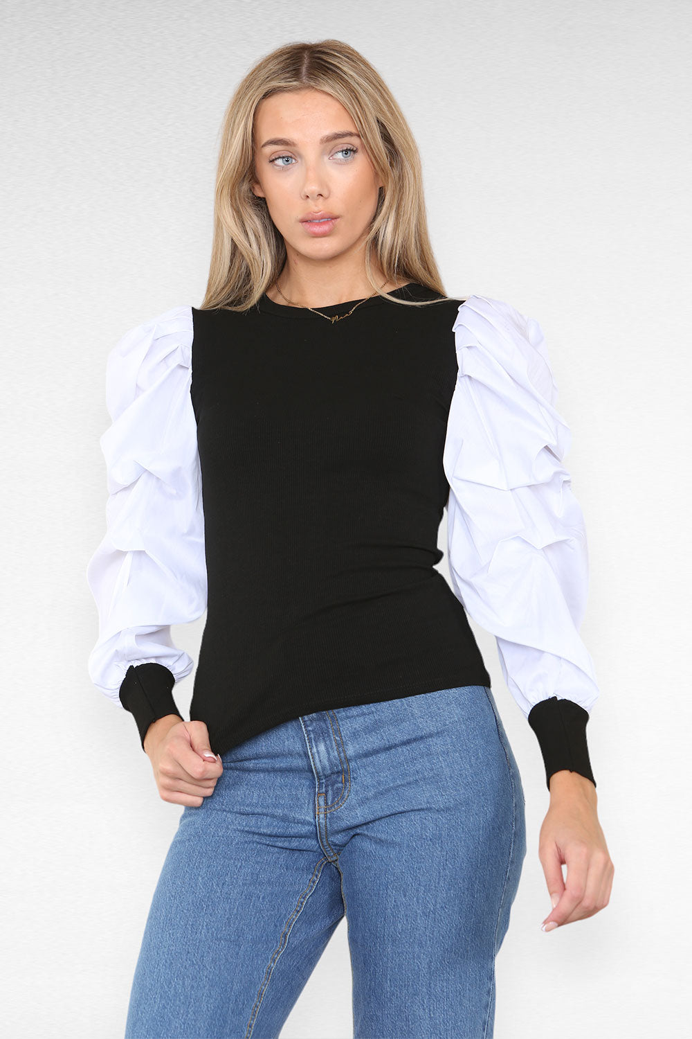 Oversized Puff Sleeves Ribbed Top - 9th Degree
