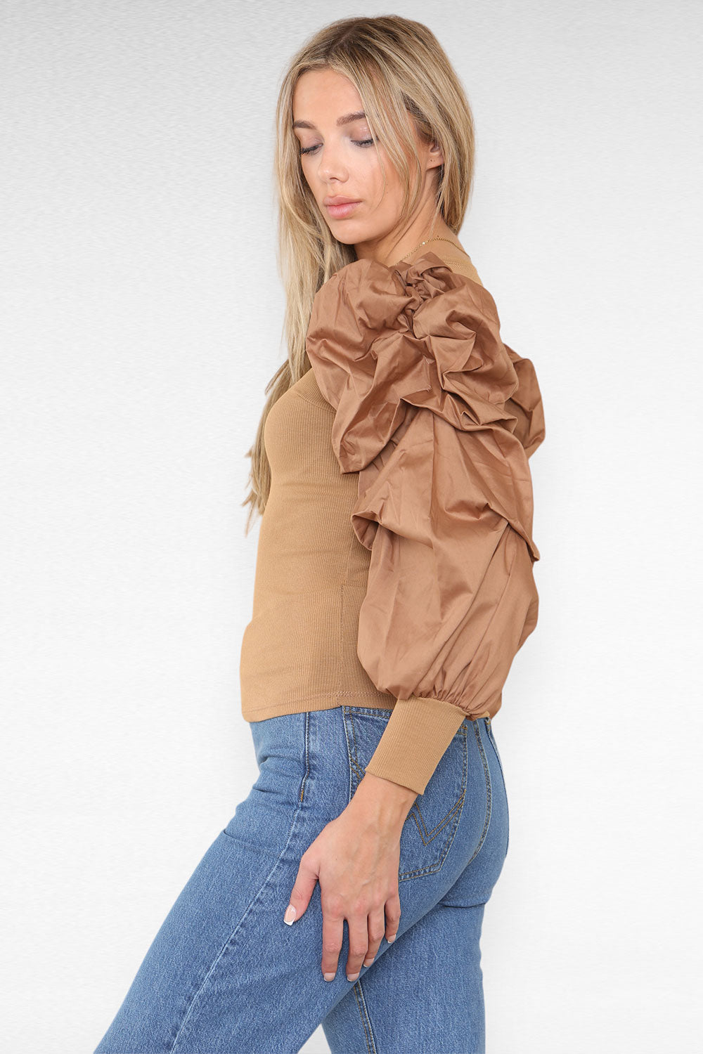 Oversized Puff Sleeves Ribbed Top - 9th Degree