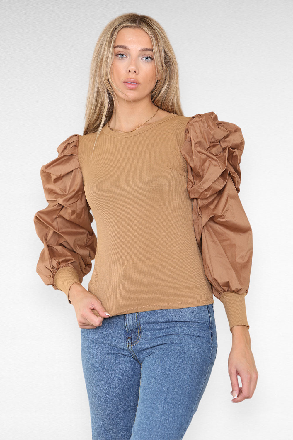 Oversized Puff Sleeves Ribbed Top - 9th Degree