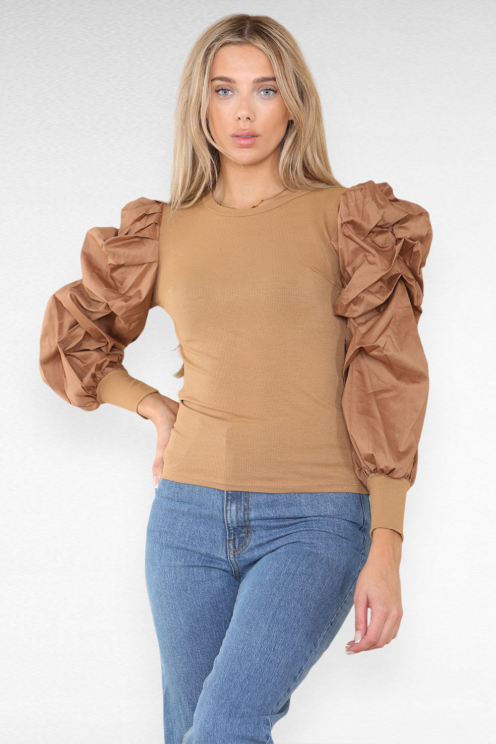 Oversized Puff Sleeves Ribbed Top - 9th Degree
