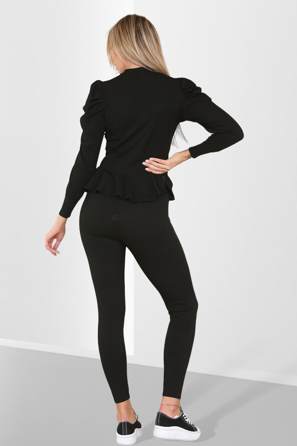 Puff Sleeves Set Frill Hem Peplum Ribbed Lounge Wear Suit - 9th Degree