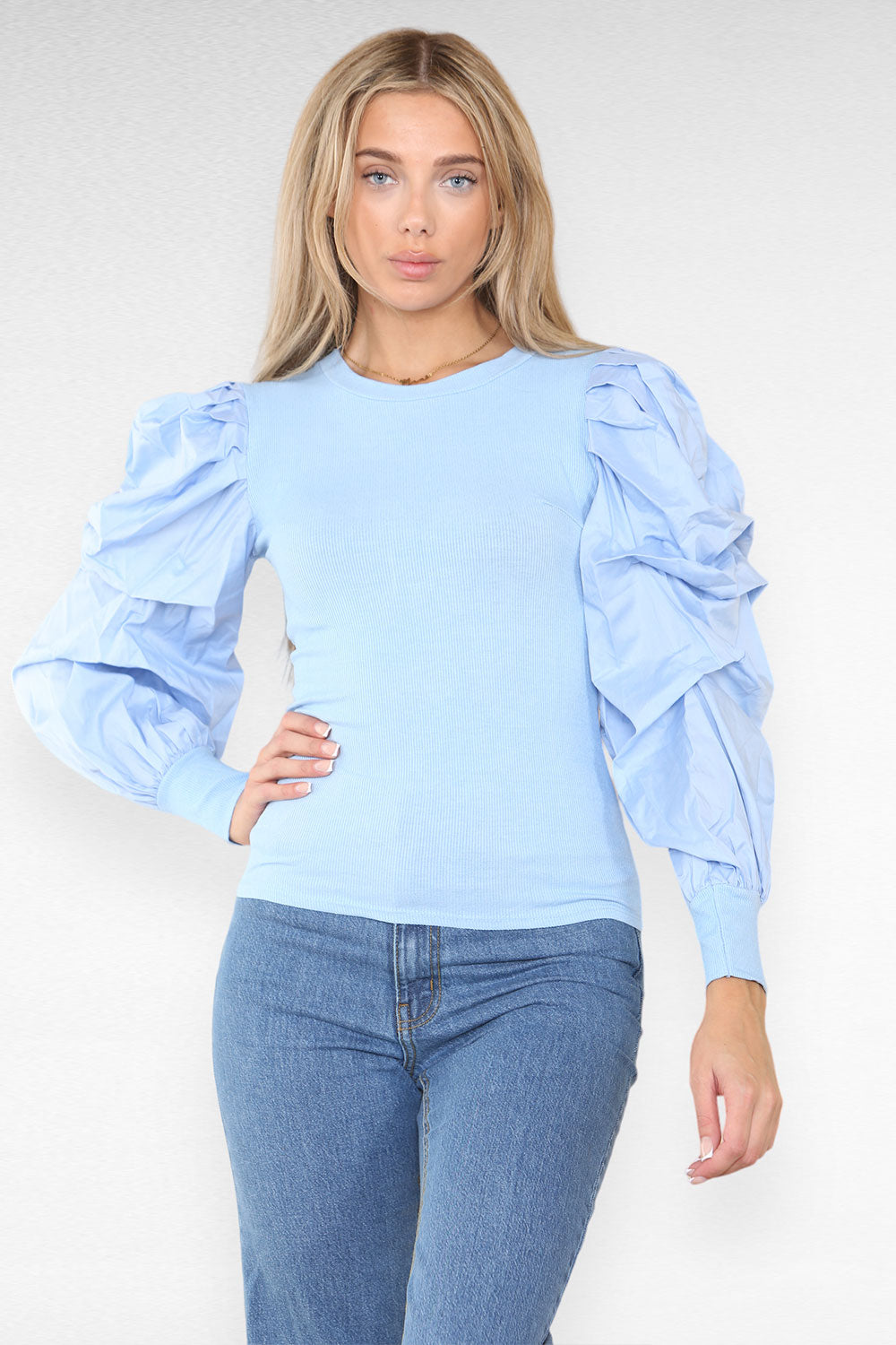 Oversized Puff Sleeves Ribbed Top - 9th Degree