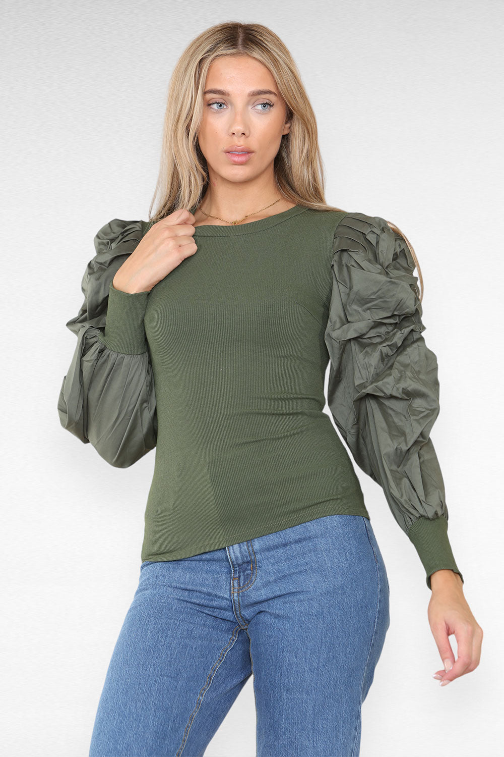 Oversized Puff Sleeves Ribbed Top - 9th Degree