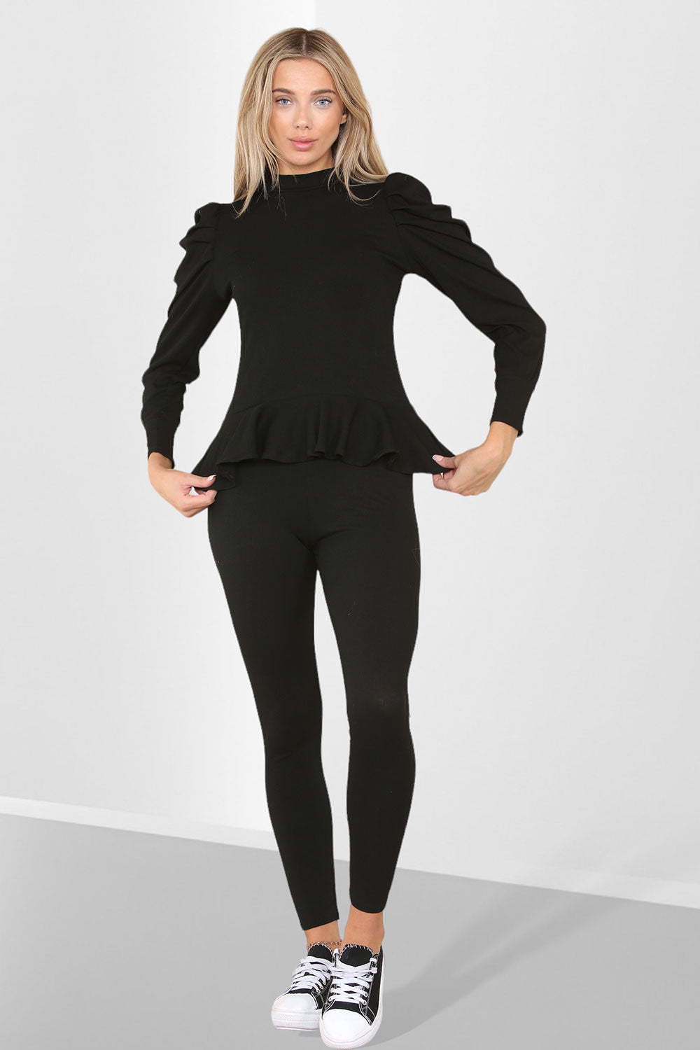 Puff Sleeves Set Frill Hem Peplum Ribbed Lounge Wear Suit - 9th Degree