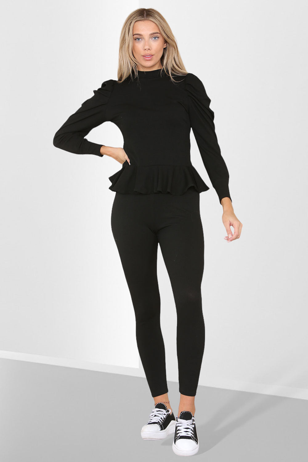 Puff Sleeves Set Frill Hem Peplum Ribbed Lounge Wear Suit - 9th Degree