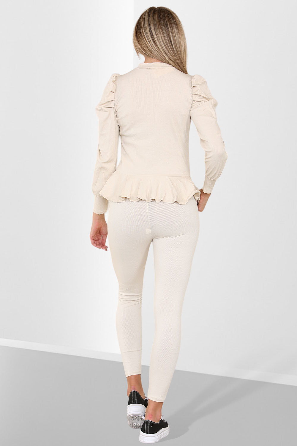 Puff Sleeves Set Frill Hem Peplum Ribbed Lounge Wear Suit - 9th Degree