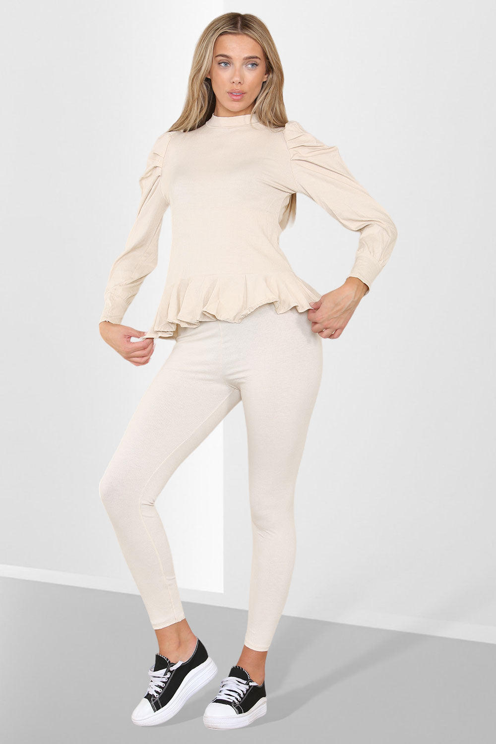 Puff Sleeves Set Frill Hem Peplum Ribbed Lounge Wear Suit - 9th Degree