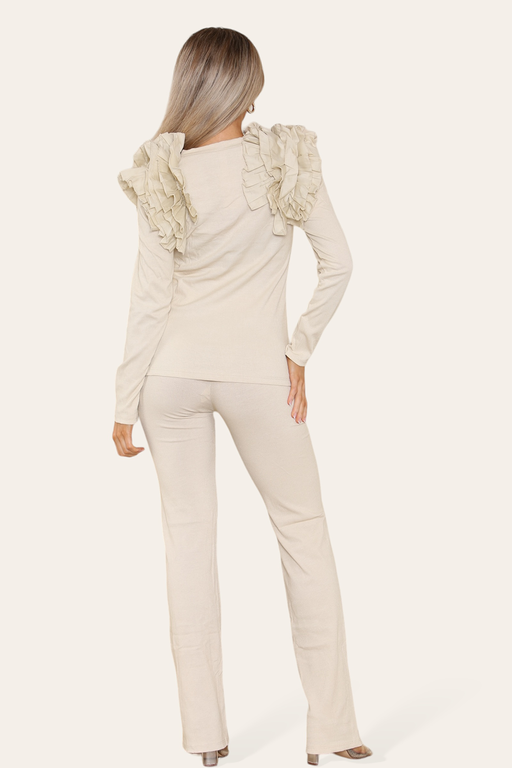 Ruffle Frill Shoulder Ribbed Loungewear Co-Ord Top & Trouser Set - 9th Degree