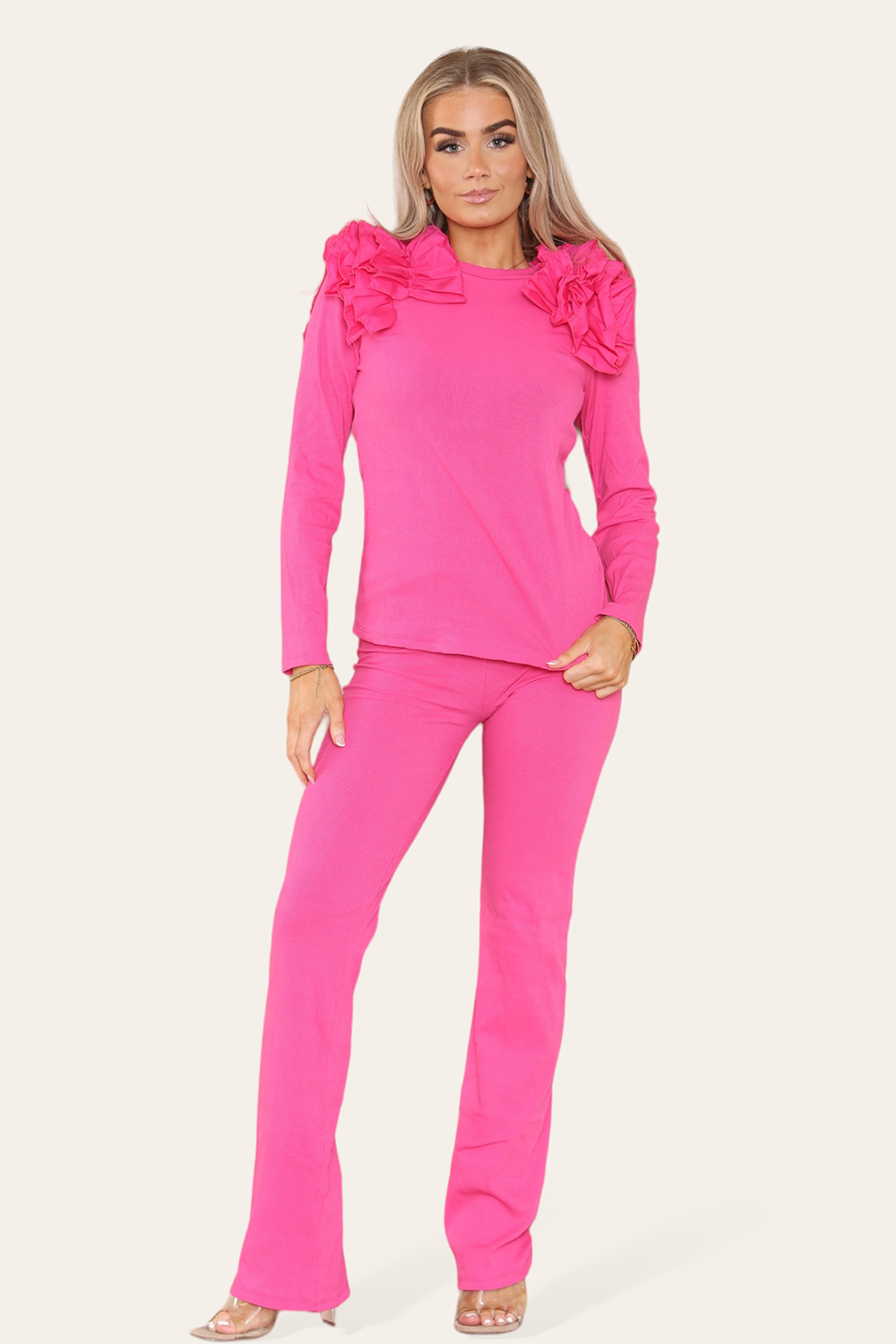Ruffle Frill Shoulder Ribbed Loungewear Co-Ord Top & Trouser Set - 9th Degree