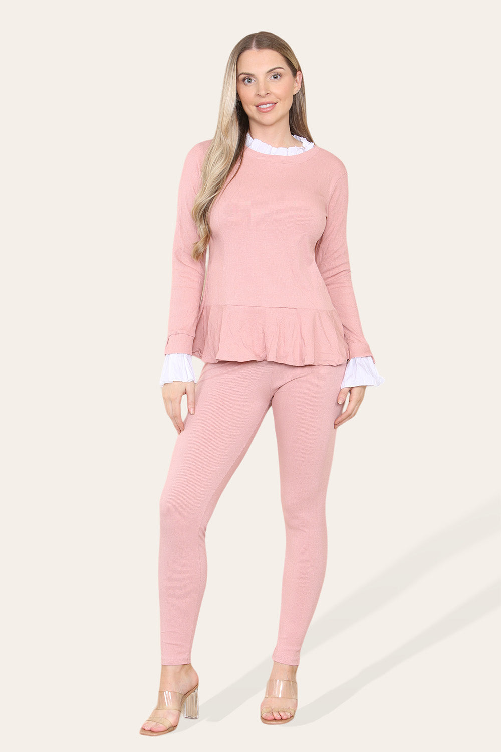 Peplum Frill Neck Suit Pleated Lounge Wear Set - 9th Degree