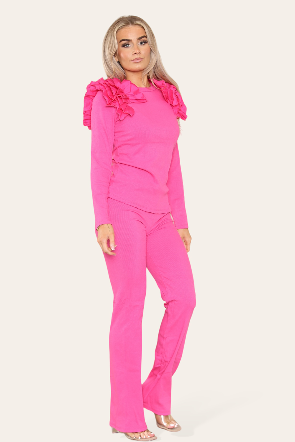 Ruffle Frill Shoulder Ribbed Loungewear Co-Ord Top & Trouser Set - 9th Degree
