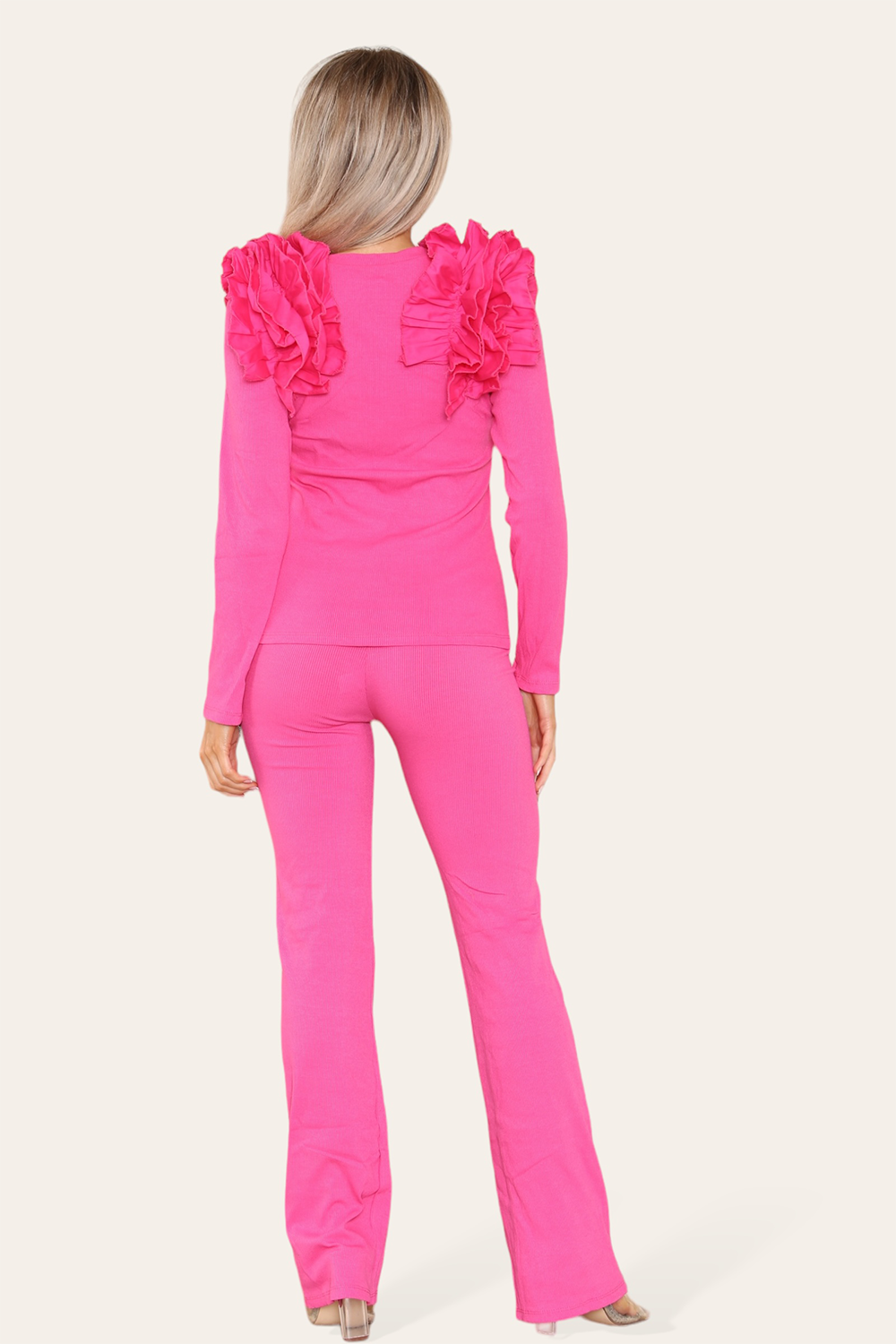 Ruffle Frill Shoulder Ribbed Loungewear Co-Ord Top & Trouser Set - 9th Degree