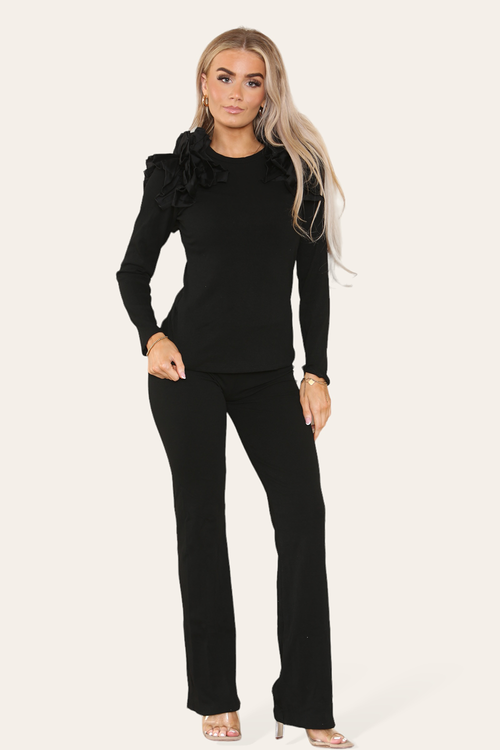 Ruffle Frill Shoulder Ribbed Loungewear Co-Ord Top & Trouser Set - 9th Degree