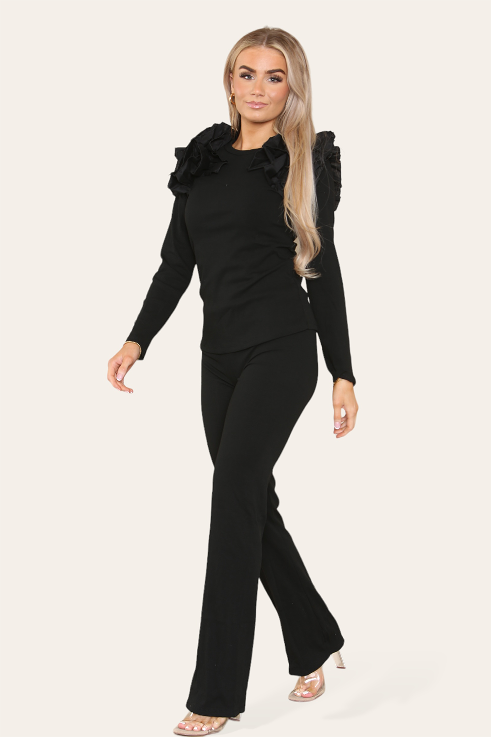 Ruffle Frill Shoulder Ribbed Loungewear Co-Ord Top & Trouser Set - 9th Degree