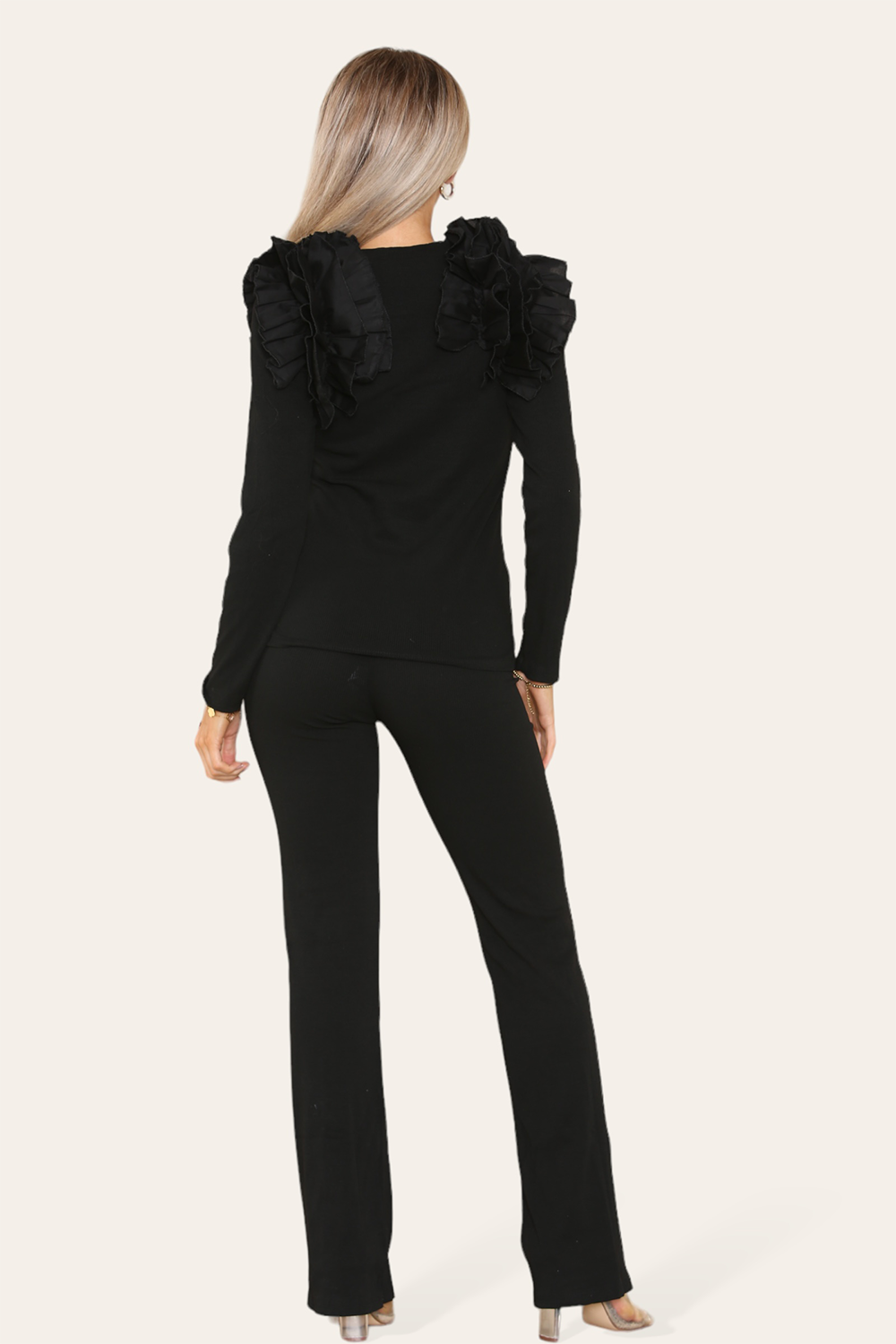 Ruffle Frill Shoulder Ribbed Loungewear Co-Ord Top & Trouser Set - 9th Degree