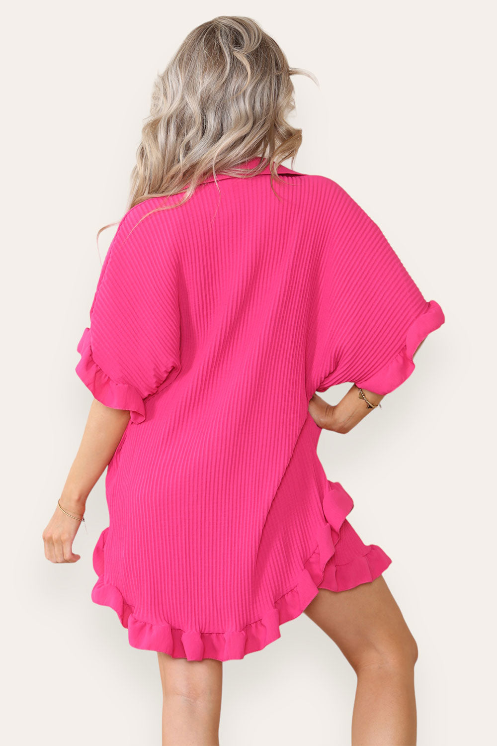 Women’s Casual Oversized Gold Button Pleated Frilled Ruffle Short Sleeves Shirt Top and Short Co-Ord Set - 9th Degree
