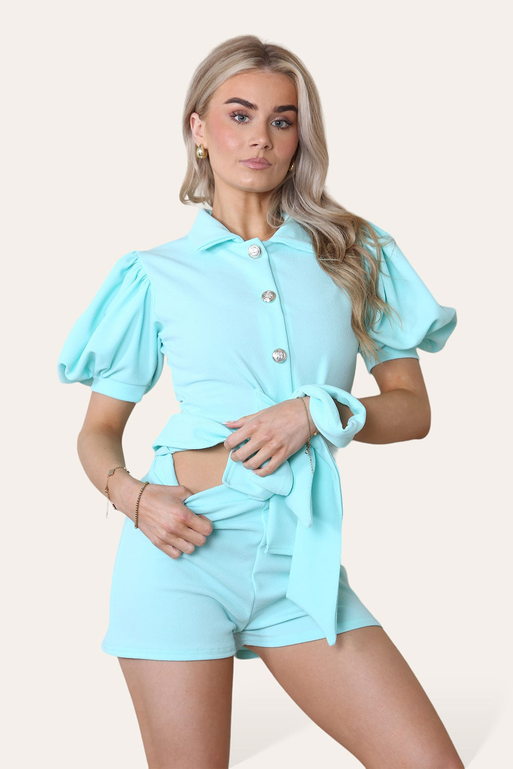 Tie Belt Button Shorts Set - 9th Degree