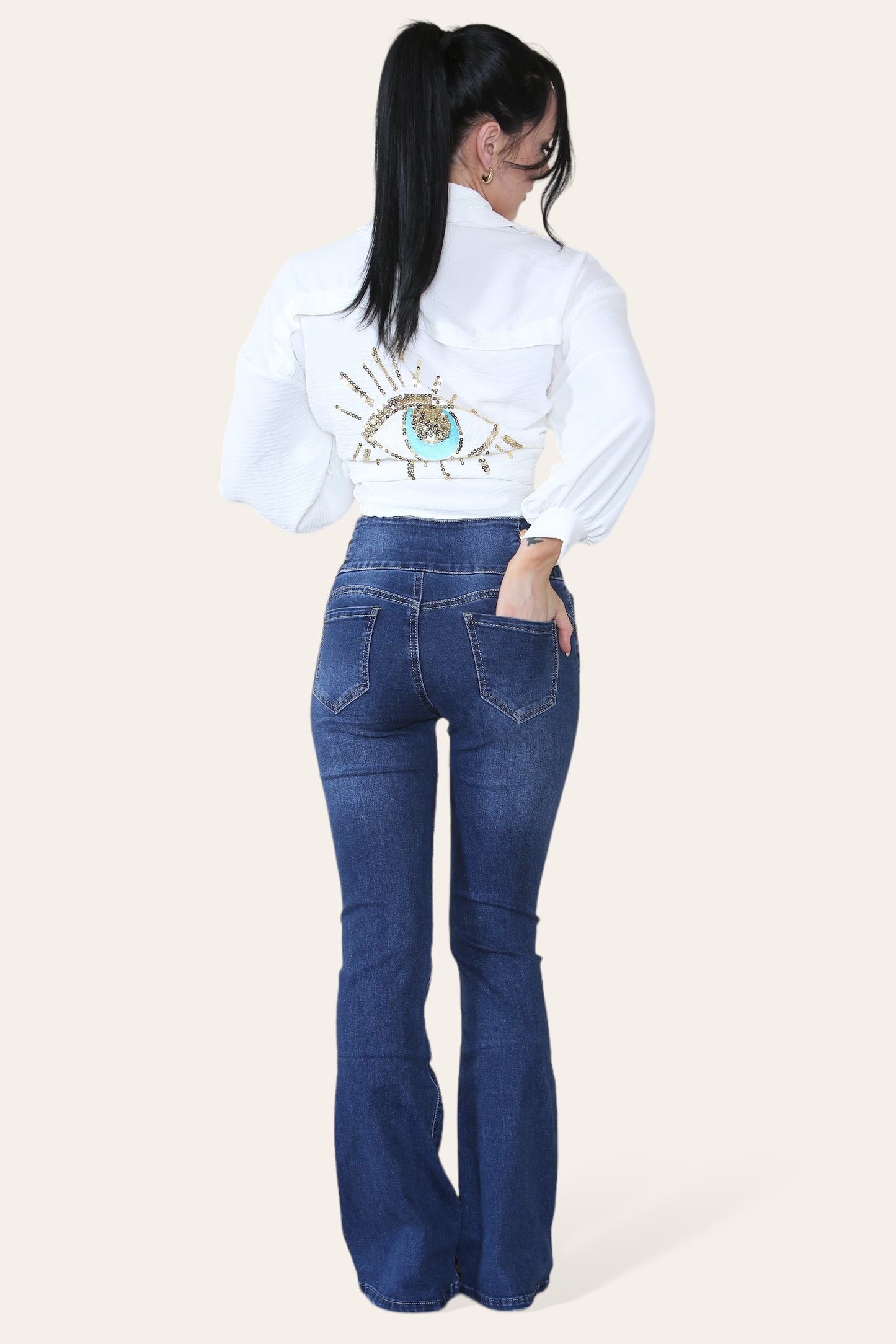 Oversized Long Sleeve Gold Sequin Eye Button Up Shirt - 9th Degree