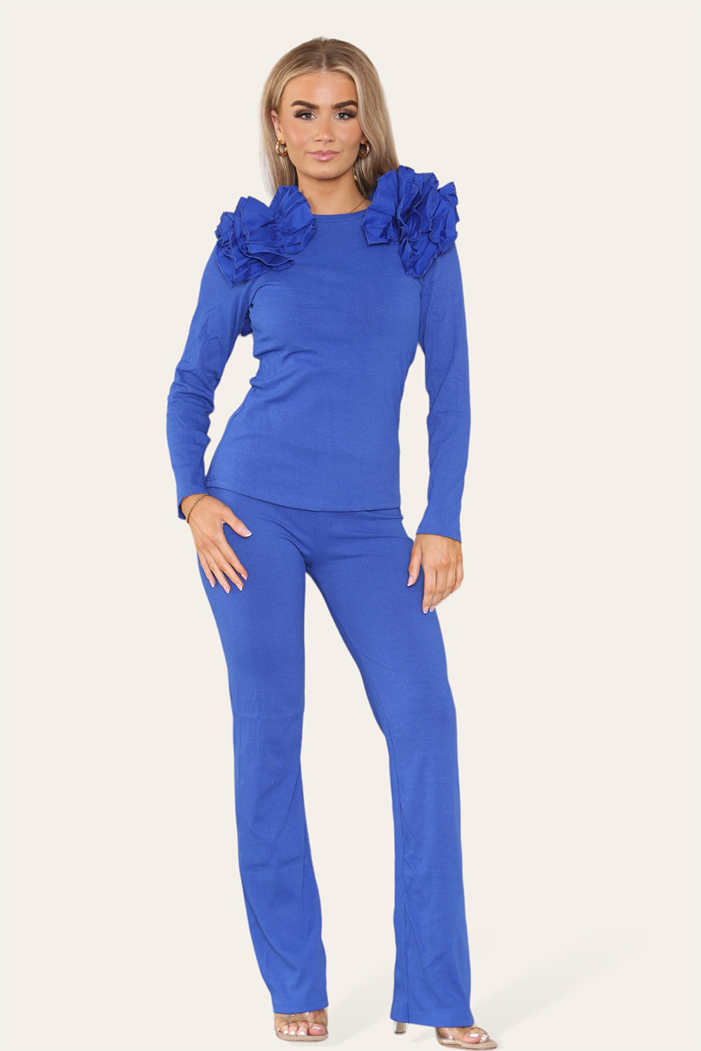 Ruffle Frill Shoulder Ribbed Loungewear Co-Ord Top & Trouser Set - 9th Degree