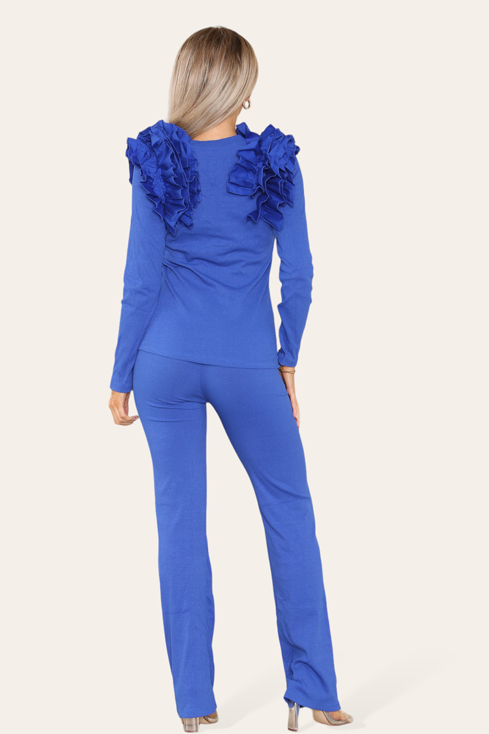 Ruffle Frill Shoulder Ribbed Loungewear Co-Ord Top & Trouser Set - 9th Degree