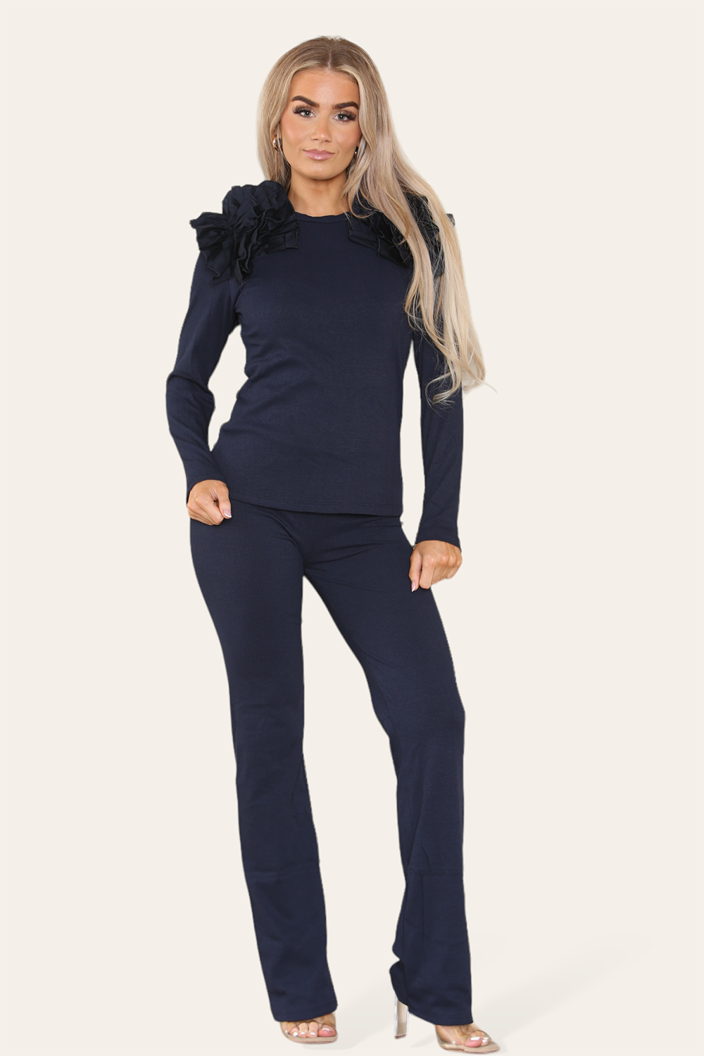 Ruffle Frill Shoulder Ribbed Loungewear Co-Ord Top & Trouser Set - 9th Degree
