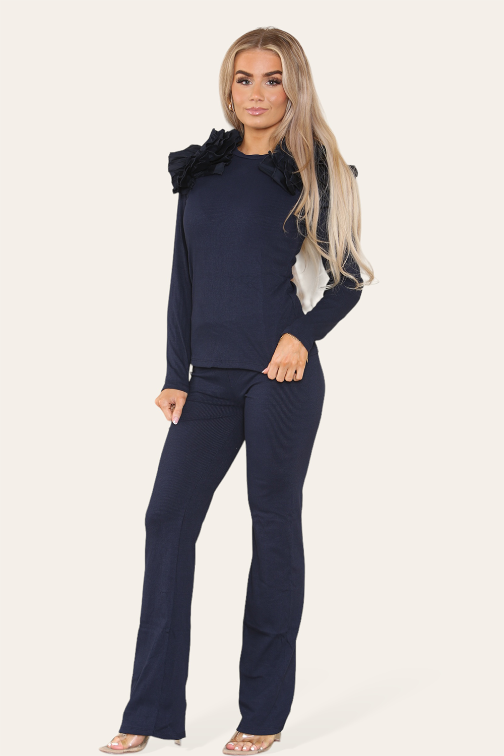 Ruffle Frill Shoulder Ribbed Loungewear Co-Ord Top & Trouser Set - 9th Degree