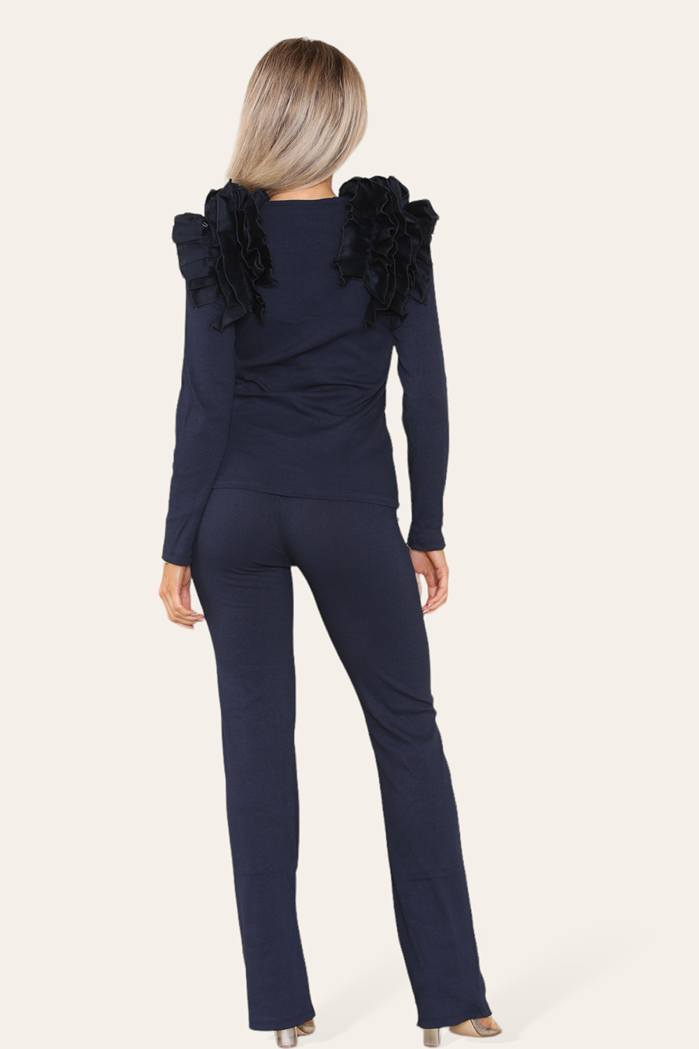 Ruffle Frill Shoulder Ribbed Loungewear Co-Ord Top & Trouser Set - 9th Degree