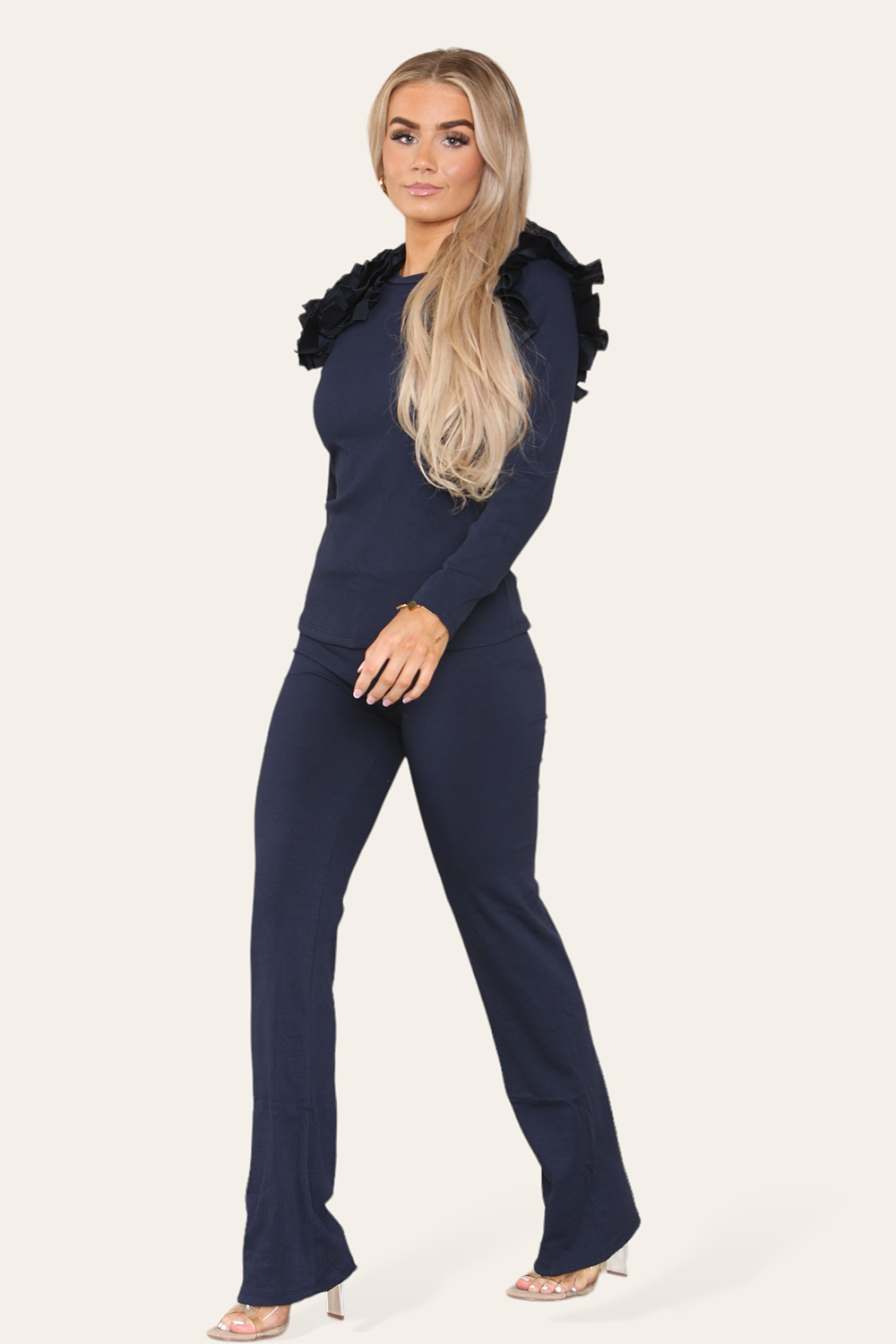 Ruffle Frill Shoulder Ribbed Loungewear Co-Ord Top & Trouser Set - 9th Degree