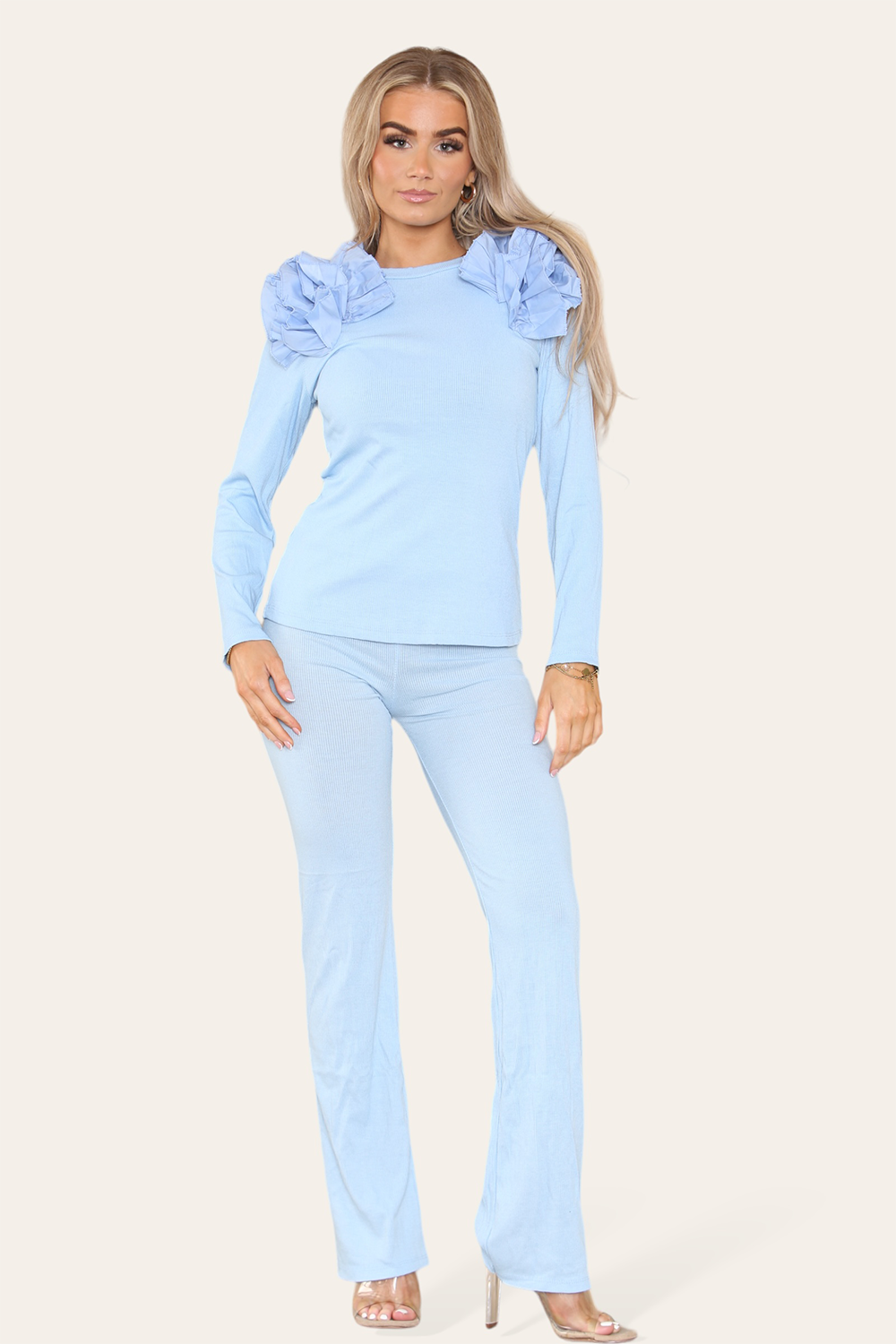 Ruffle Frill Shoulder Ribbed Loungewear Co-Ord Top & Trouser Set - 9th Degree