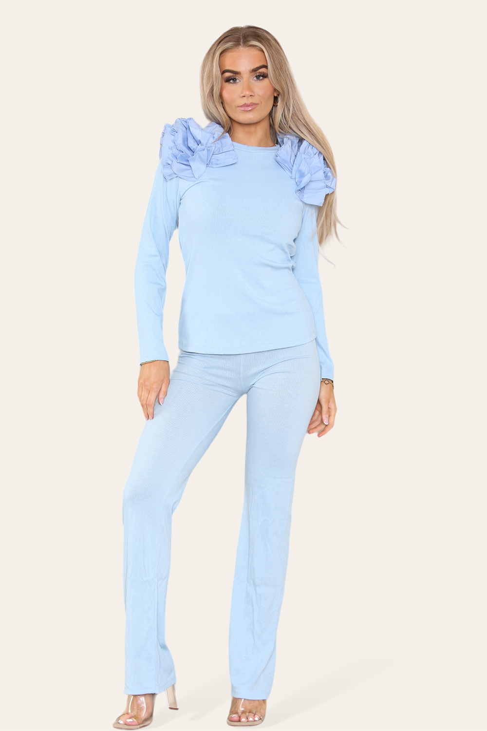 Ruffle Frill Shoulder Ribbed Loungewear Co-Ord Top & Trouser Set - 9th Degree